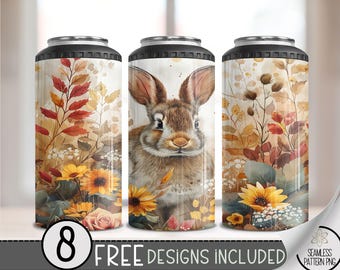 Cute Bunny 4 in 1 Can Cooler Wrap, Floral Rabbit 4in1 Tumbler PNG, Seamless Bright Rabbit 16 Oz Can Cooler Sublimation Design, Flower PNG