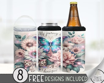 Butterfly Floral 4in1 Can Cooler Tumbler, Glittery Flower 4 in 1 Can Cooler Sublimation Design, Nature 4 in 1 Design Wrap, Inspirational PNG