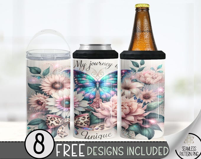 Butterfly Floral 4in1 Can Cooler Tumbler, Glittery Flower 4 in 1 Can Cooler Sublimation Design, Nature 4 in 1 Design Wrap, Inspirational PNG
