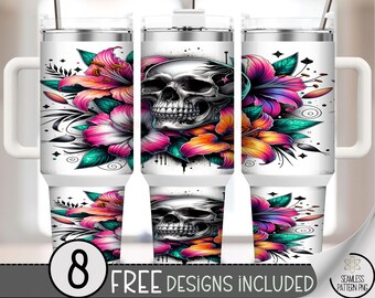 40oz Tumbler Wrap Skull and Neon Flowers, Gothic Tropical PNG, Bold Dark Floral Sublimation Wrap, Edgy Summer Design for Tumblers, A361