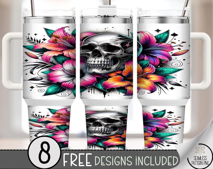 40oz Tumbler Wrap Skull and Neon Flowers, Gothic Tropical PNG, Bold Dark Floral Sublimation Wrap, Edgy Summer Design for Tumblers, A361