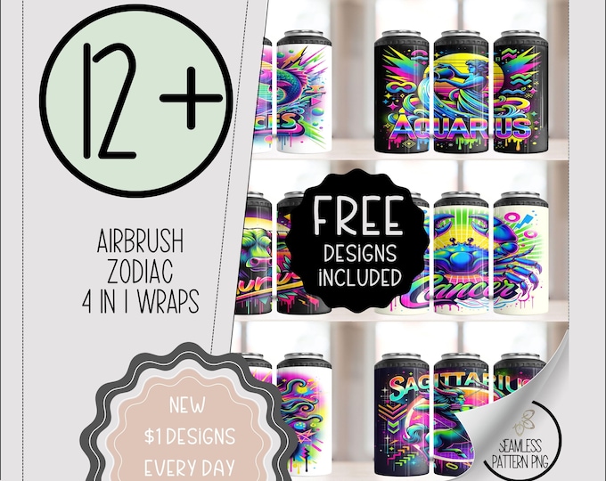 Airbrush Zodiac 4 in 1 Can Cooler Bundle, Combo 16 Oz 4in1 Tumbler Pack,Bulk Horoscope Sign 16 oz Sublimation Design Bundle,Digital Download