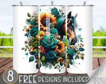 Green Boho Horse Tumbler Wrap Design 20 oz Skinny Tumbler Sublimation Digital Download PNG Instant Digital, Farm Ranch Animal Tumbler Design