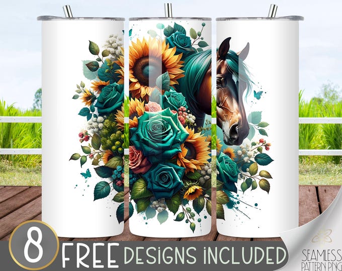 Green Boho Horse Tumbler Wrap Design 20 oz Skinny Tumbler Sublimation Digital Download PNG Instant Digital, Farm Ranch Animal Tumbler Design