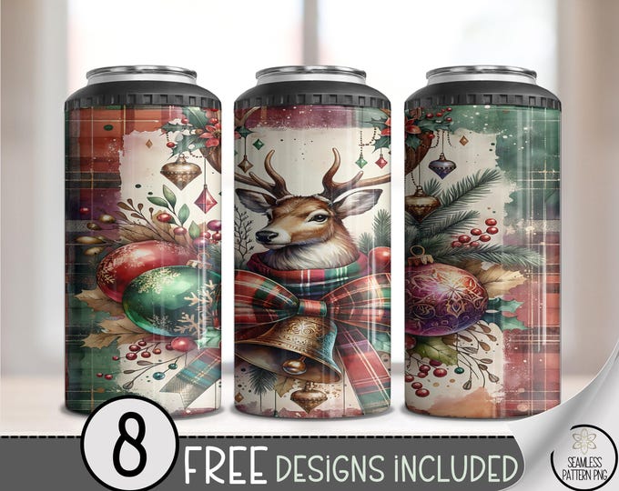 Christmas Reindeer 4 in 1 Can Cooler, Cute Holiday Sublimation Design, 16 oz Digital Download PNG, A547
