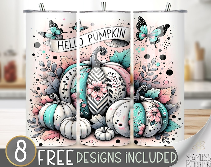 Hello Pumpkin Sublimation Tumbler Wrap, Pastel Fall Pumpkin Design, Butterfly Floral Autumn Design, 20 oz Digital Download, Fall Tumbler PNG