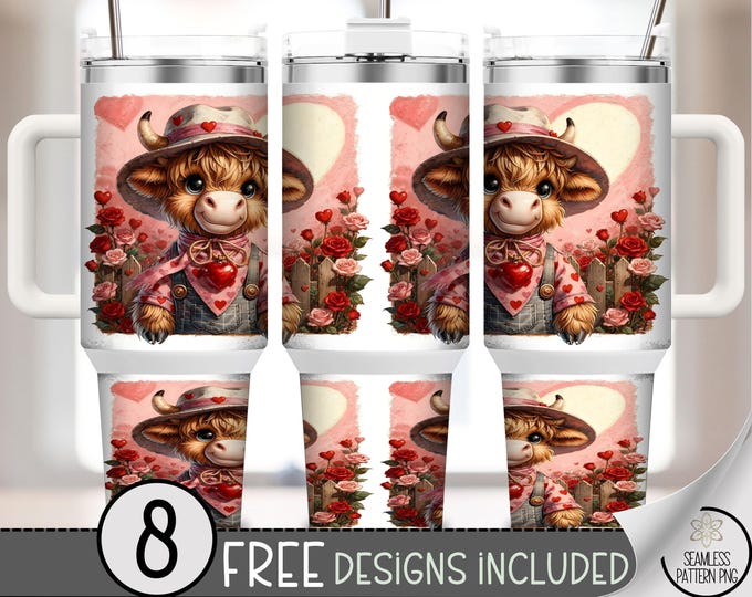 Highland Cow Valentine PNG, Cute Cow 40 oz Tumbler Wrap, Heart Sublimation Design, Rose Garden 40oz Tumbler Design, B843