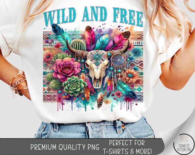 Wild And Free Boho Skull T-shirt PNG, Western Sublimation Design with Cow Skull, Feathers, Aztec Pattern and Cactus, Bright Floral, A404