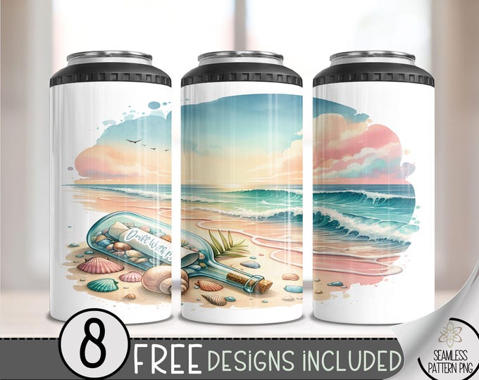 Beach 4 in 1 Can Cooler Wrap, Message Bottle 4in1 Tumbler PNG, Drift 16 Oz Can Cooler Sublimation Design, Ocean Vacation Tumbler PNG, A108