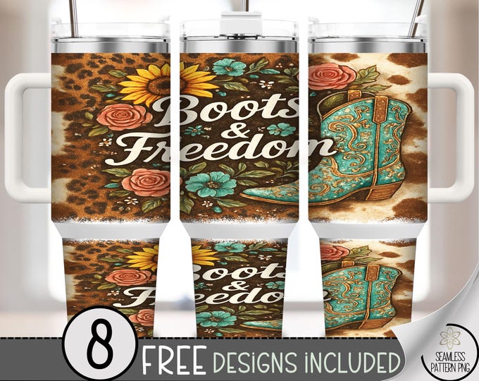 Boots and Freedom PNG, Turquoise Cowboy Boot, 40 oz Tumbler Wrap, Floral Sublimation Design. Digital Download, B10064