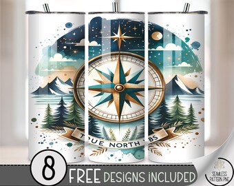 True North Vibes Compass 20 oz Tumbler Wrap PNG, Mountain Forest Sublimation Design,Adventure Nature Outdoor Travel Skinny Tumbler PNG, A307
