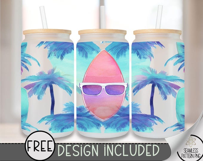 Glass Can Summer Surfboard PNG, 16 oz Beach Drink Wrap with Palm Trees, 16oz Tropical Sublimation Design for Iced Drinks, Sunglasses A294