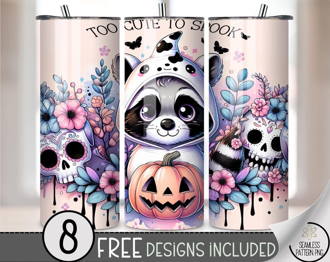 Spooky Halloween 20 oz Tumbler Wrap, Cute Trash Panda with Pumpkin and Sugar Skulls, Floral Gothic Printable 20oz Tumbler Wrap Design A450