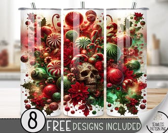 Funny Christmas Skull 20 Oz Skinny Tumbler Wrap, Skeleton Digital Download PNG,Xmas Tumbler Wrap For Sublimation,20Oz Christmas Skeleton Png