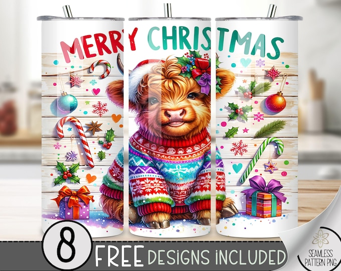 Seamless Christmas Highland Cow Tumbler Wrap, Winter Cow Sublimation Tumbler Design, Merry Christmas Tumbler PNG, Holiday 20Oz Skinny Wrap