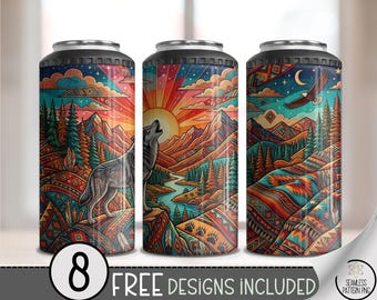 Southwestern Wolf 4-in-1 Can Cooler Wrap, Nature Sublimation Design, Boho 16 oz 4-in-1 File, Digital Download, B10278