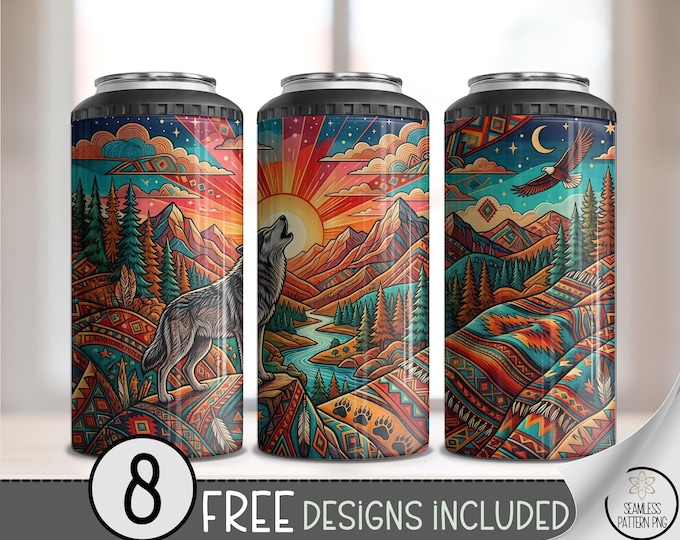 Southwestern Wolf 4-in-1 Can Cooler Wrap, Nature Sublimation Design, Boho 16 oz 4-in-1 File, Digital Download, B10278