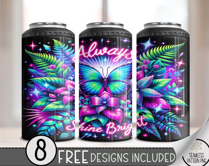 Neon Butterfly 4 in 1 Can Cooler Wrap, Colorful Butterfly 4in1 Tumbler PNG, Bright And Colorful 16 Oz Can Cooler Sublimation Design Floral