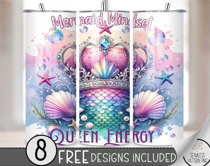Mermaid Tumbler Wrap, Queen Energy 20 oz Tumbler Sublimation PNG, Watercolor Mermaid 20oz Skinny Tumbler PNG, Under The Sea Ocean Wrap, A184
