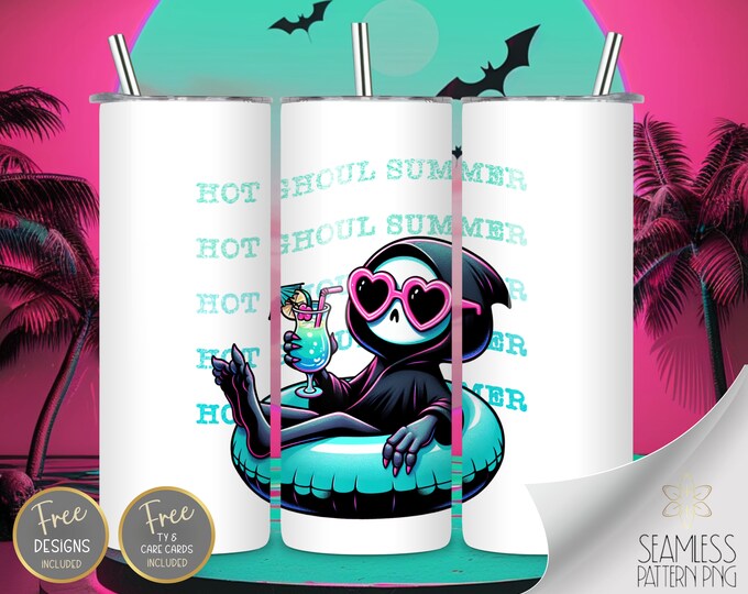 Hot Ghoul Summer 20 oz Straight Tumbler Wrap Sublimation, Funny Summer Skeleton Design Files,  Sassy Skeleton, Trendy Neon Goth PNG