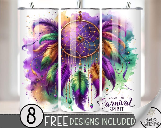 Mardi Gras Dreamcatcher Floral Tumbler Wrap, Feather Mask Sublimation Design PNG, Ethereal 20Oz Skinny Tumbler File, Mandala Tumbler PNG