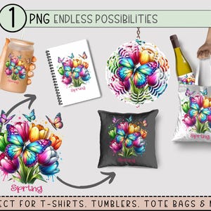 May include: A digital illustration of a bouquet of colorful tulips with a butterfly in the center. The butterfly has blue and purple wings. The tulips are in shades of pink, yellow, green, and white. The image is surrounded by a watercolor effect. The text "Spring" is written below the bouquet.