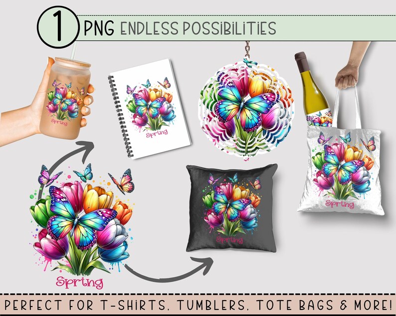 May include: A digital illustration of a bouquet of colorful tulips with a butterfly in the center. The butterfly has blue and purple wings. The tulips are in shades of pink, yellow, green, and white. The image is surrounded by a watercolor effect. The text "Spring" is written below the bouquet.