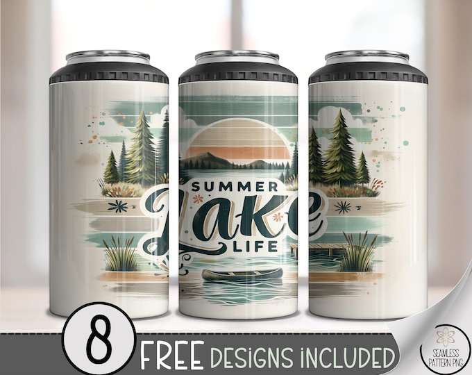 Lake Life 16 oz Can Cooler Wrap PNG, 4-in-1 Skinny Tumbler Sublimation, Summer Cabin Retro Wrap, Dock Canoe Forest Sublimation PNG, A372