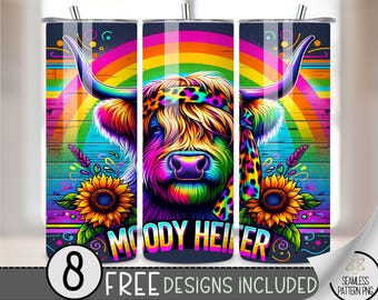 Cute Highland Cow Tumbler Wrap, Moody Heifer 20Oz Skinny Tumbler Wrap PNG, Funny Highland Cow Tumbler Sublimation Design, Neon Sunflower A15