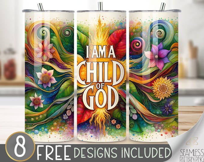 Child Of God Tumbler Wrap PNG, Religious 20 oz Tumbler, Christian Bible Tumbler Design, Rainbow Abstract Flower Tumbler Sublimation Design