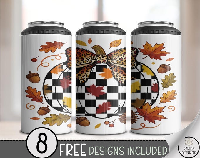 Autumn 4in1 Can Cooler Wrap, Buffalo Check Pumpkin Sublimation Design, Fall 16 oz 4-in-1 File, Digital Download, B10244