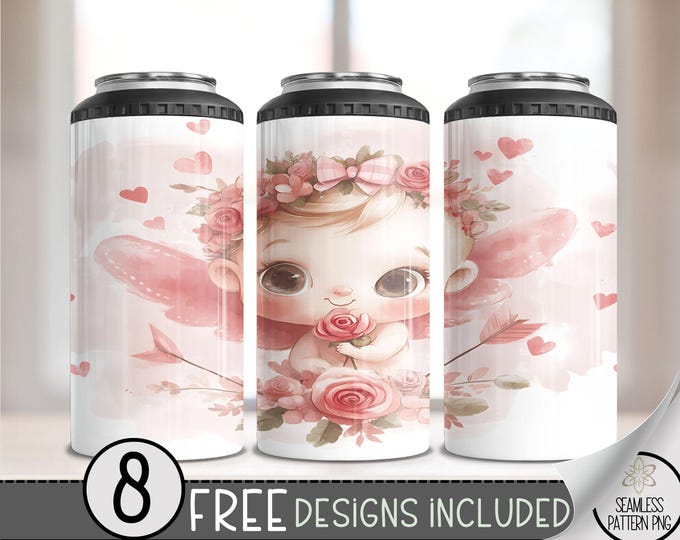 Cute Valentines Day 4 in 1 Can Cooler Wrap, Cupid 4in1 Tumbler PNG, Vday 16 Oz Can Cooler Sublimation Design, Love & Hearts Hard Can Cooler