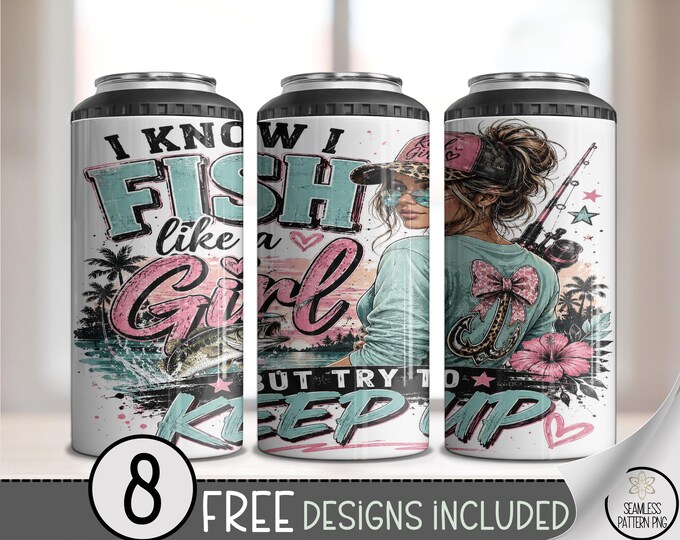 Fishing 4-in-1 Can Cooler Wrap, Girl Fish Sublimation Design, 16oz Tumbler, Digital Download, B10411