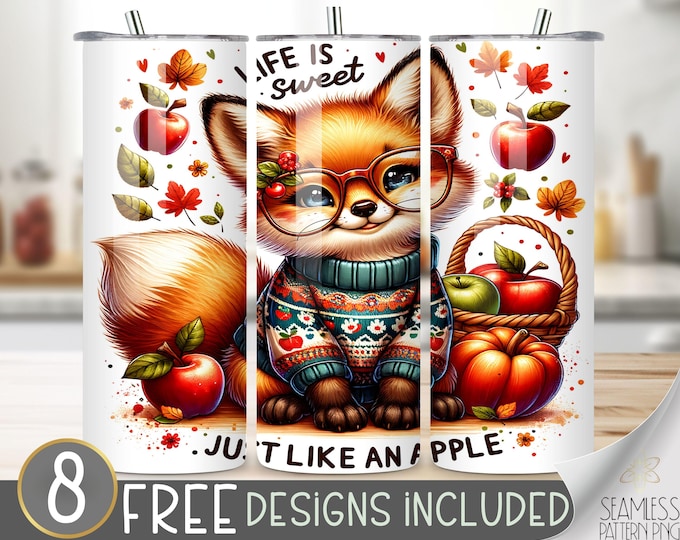 Cute Fox Tumbler Wrap, Life is Sweet Quote, Fall Apples Design, Autumn Apple 20oz Sublimation Template, Autumn Animal PNG, Cozy Sweater Fox