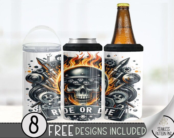 Motorcycle Can Cooler Wrap, Flaming Skull 16 oz 4-in-1 Cooler Sublimation, Biker Design File, Ride Or Die Can Cooler PNG Wrap, Skeleton A178