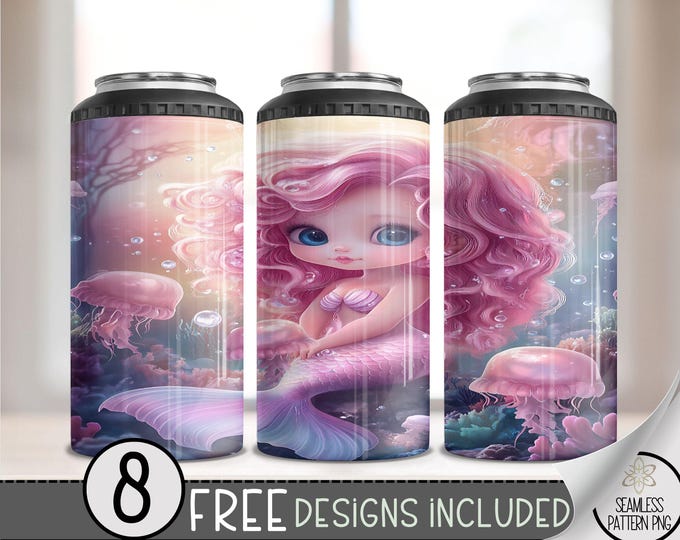 Mermaid Can Cooler Design, Mermaid Sublimation Design, Watercolor Mermaid 4 In 1 Can Cooler, Under The Sea Can Holder Design Summer Wrap