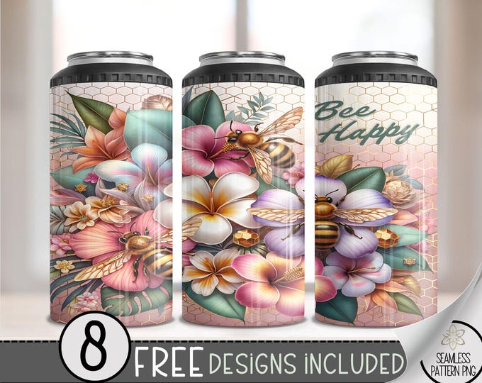 Bee Themed Can Cooler Design, Affirmation Sublimation Design,Watercolor Bee 4 In 1 Can Cooler,Bee Happy 16 oz Can Holder Design Wrap,Bee PNG