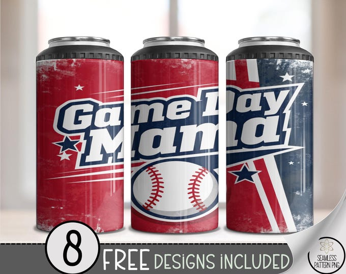 Game Day Mama 4in1 Can Cooler Wrap, Patriotic Sublimation Design, Retro Baseball 16 oz 4-in-1 Digital File Download B10073