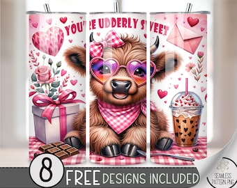 Highland Cow Valentine Tumbler Wrap, Love Sublimation Tumbler Wrap, Vday 20Oz Sublimation Wrap,Valentines Day Sublimation Tumbler Design PNG