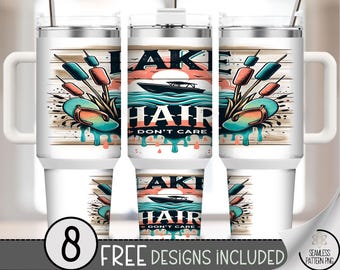 Lake Hair Don’t Care 40oz Tumbler Wrap PNG, Summer Sublimation Design with Flip Flops, Waves, and Boat, Retro Lake Life, A323