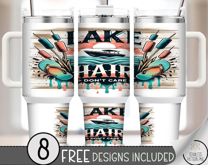 Lake Hair Don’t Care 40oz Tumbler Wrap PNG, Summer Sublimation Design with Flip Flops, Waves, and Boat, Retro Lake Life, A323