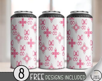 Cherry Coquette Bow 4-in-1 Can Cooler Wrap PNG, Pink Girly Pattern Sublimation Design, Cute Summer Fruit Wrap 16 oz Sublimation Coolers A276