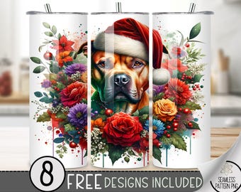 Cute Xmas Pitt Bull 20 oz Tumbler Wrap, Cute Dog 20oz Skinny Tumbler Design, Christmas Dog Tumbler Wrap, Floral Christmas Tumbler Design