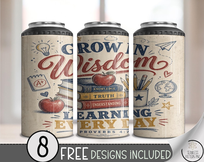 School Days 4-in-1 Can Cooler Wrap, Wisdom Sublimation Design, Educational 16 oz 4-in-1 File, Digital Download, B10330