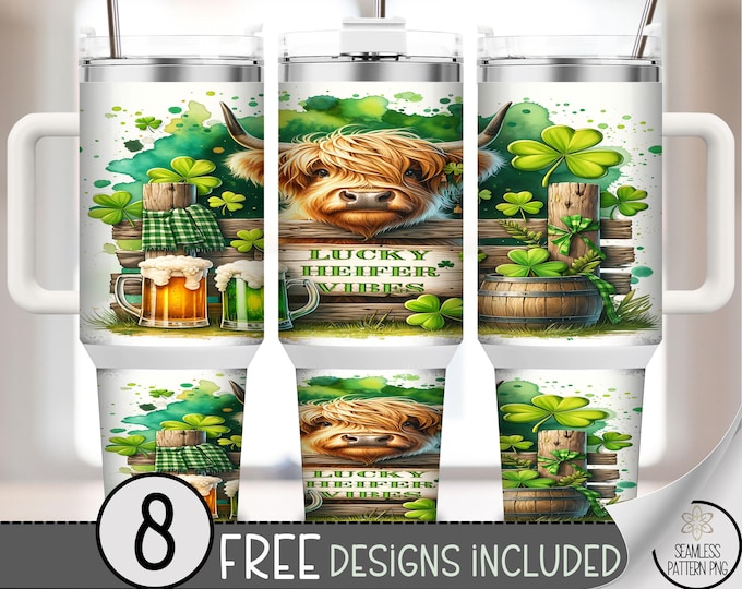 Lucky Heifer 40 oz Tumbler Wrap PNG, St Patrick's Highland Cow Sublimation Design, Digital Download, A716