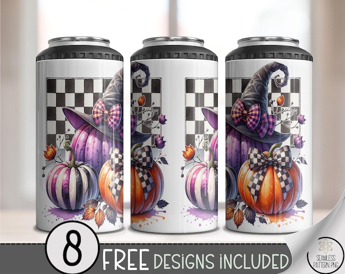Checkerboard Pumpkin 4-in-1 Can Cooler Wrap PNG, Halloween Witch Hat Fall Tumbler Sublimation Design, Plaid Bow Pumpkins PNG, A388
