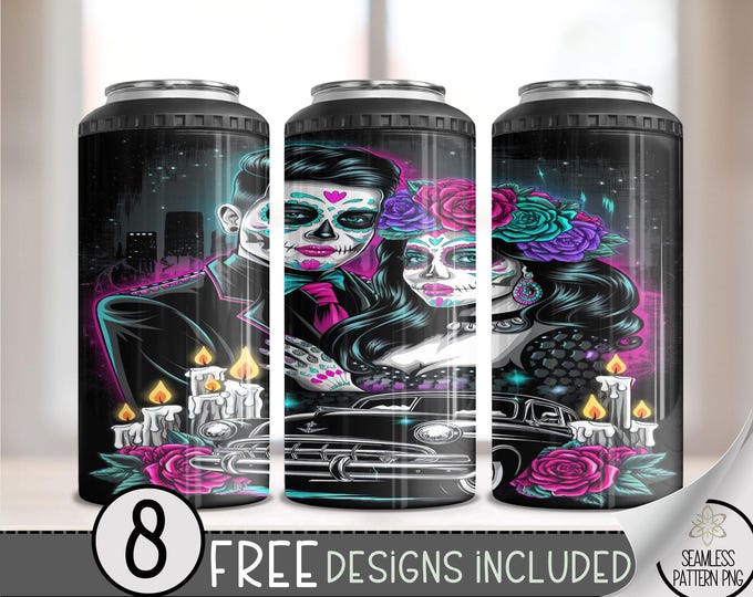LA Chicano Girl Couple Cholo Couple 4in1 Can Cooler Wrap, Floral 4 in 1 Tumbler PNG, LA Sugar Skull 16 Oz Can Cooler Sublimation Design