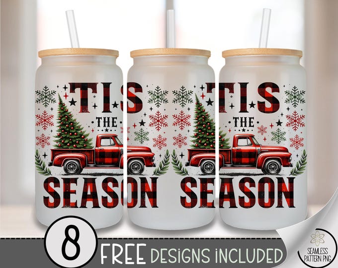 Festive Glass Can Wrap, Rustic 16oz Glass Tumbler Sublimation Design, Digital Download, Vintage Truck Christmas PNG File A473