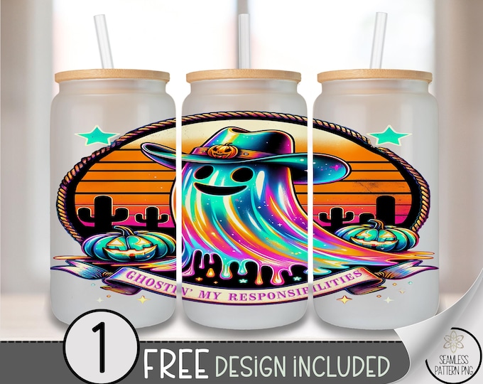 Halloween Ghost Glass Can Wrap, Spooky-Cute 16oz Tumbler Sublimation Design, Rainbow PNG File, Digital Download, B10297
