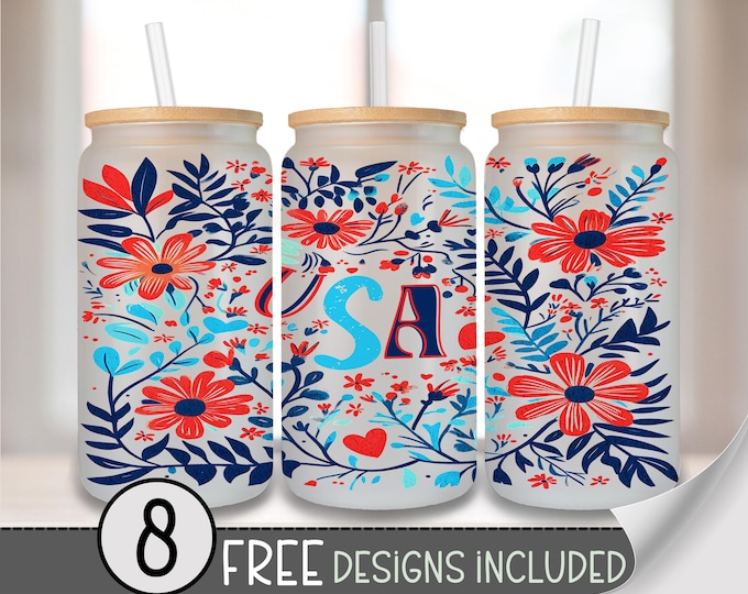 USA Boho Floral Glass Can Wrap PNG, Red White Blue Summer Wrap, July 4th Floral Patriotic Png for Sublimation or UV Dtf A254
